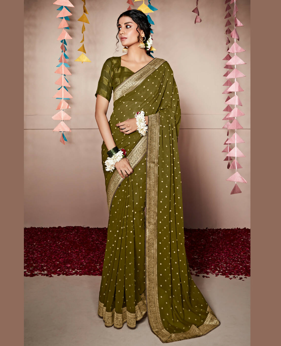 Green Georgette Foil Printed Saree With Unstitched Blouse Piece - Nitya - Distacart