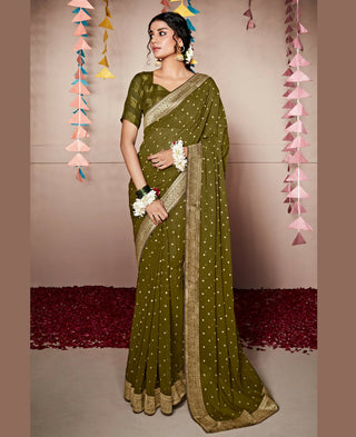 Green Georgette Foil Printed Saree With Unstitched Blouse Piece - Nitya - Distacart