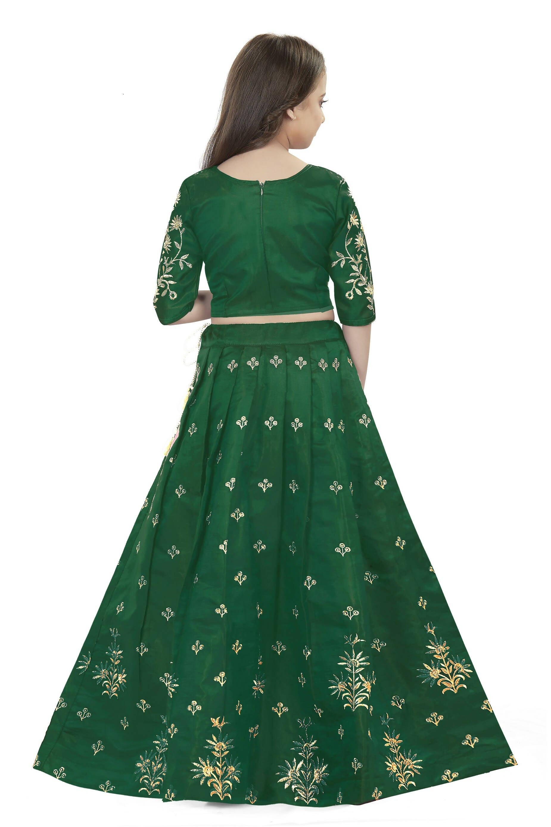 Dwiden Green Rohini Tafetta Sattin Semi-Stitched Girl's Lehenga Choli - Distacart