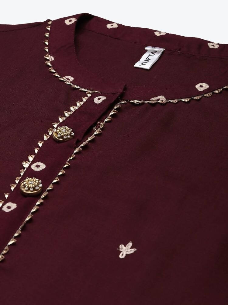 Yufta Women Maroon Ethnic Motifs Embroidered Kurta