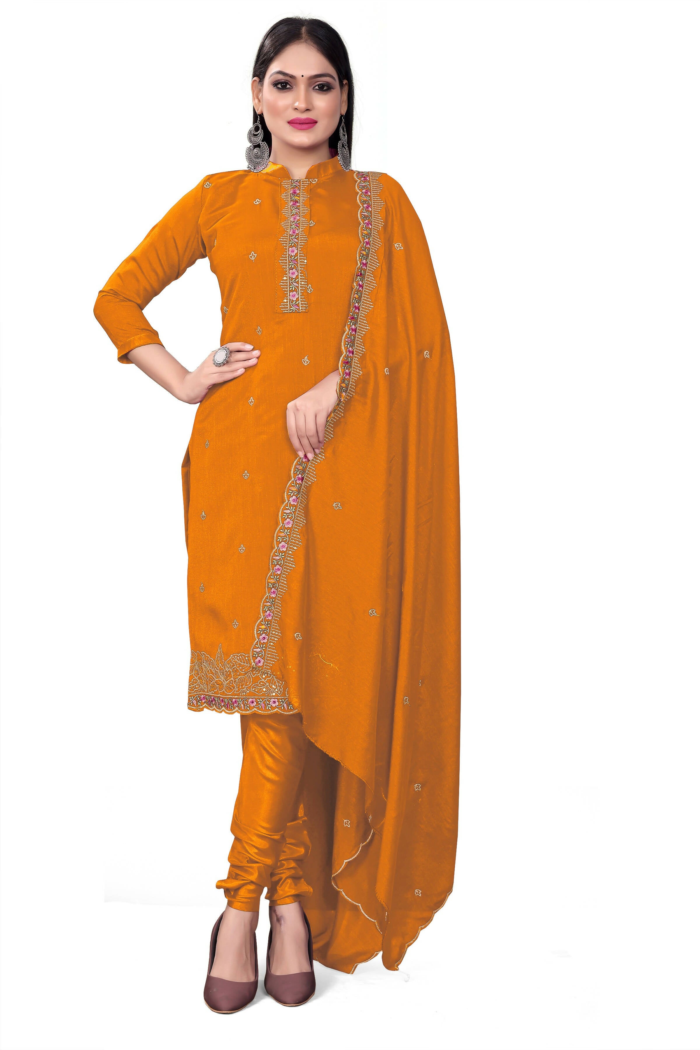 Mustard Silk Embroidered with Sequins work Unstitched Dress Material - Tanvi - Distacart