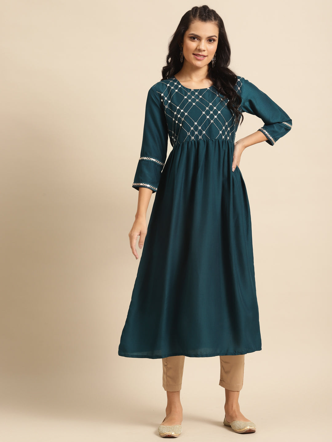 Varanga Teal And Gold Mirror Work Embroidery Kurta With 3/4Th Mirror Work Sleeves - Distacart