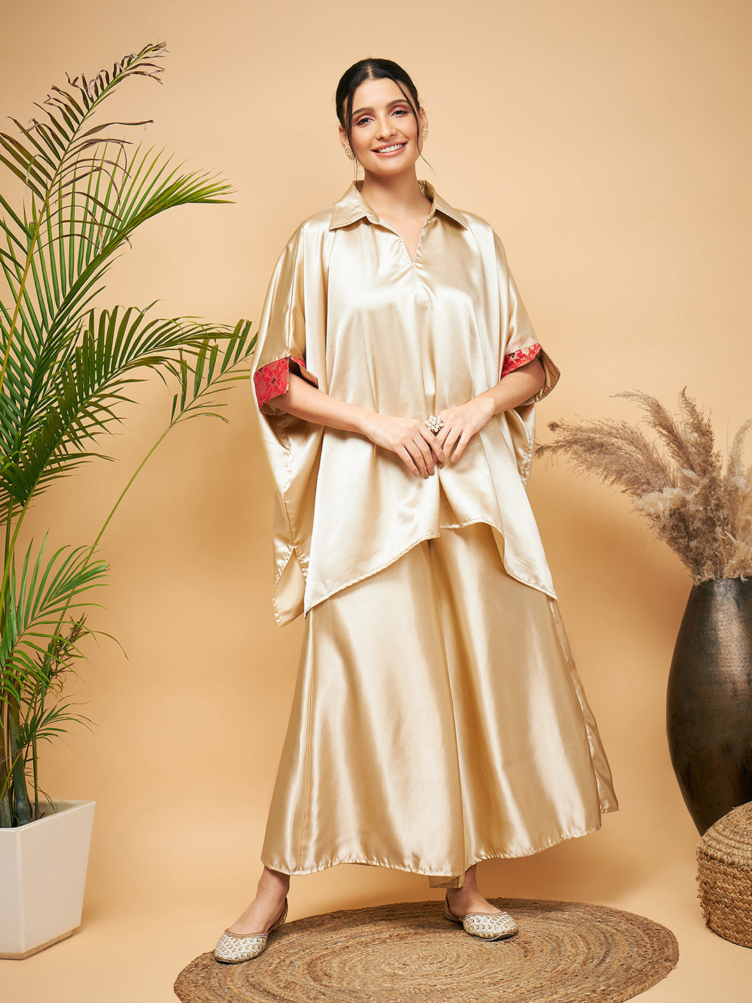 InWeave Women's Beige Red Brocade Boho Satin Top W Palazzo Set - Distacart