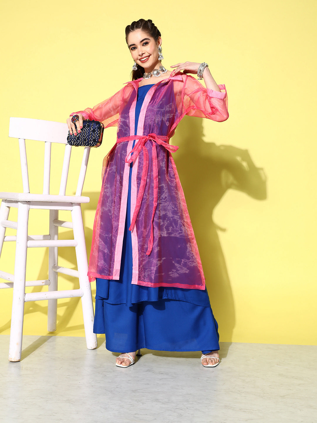 InWeave Women's Ink Blue Strappy Kurta Set With Pink Organza Cape - Distacart