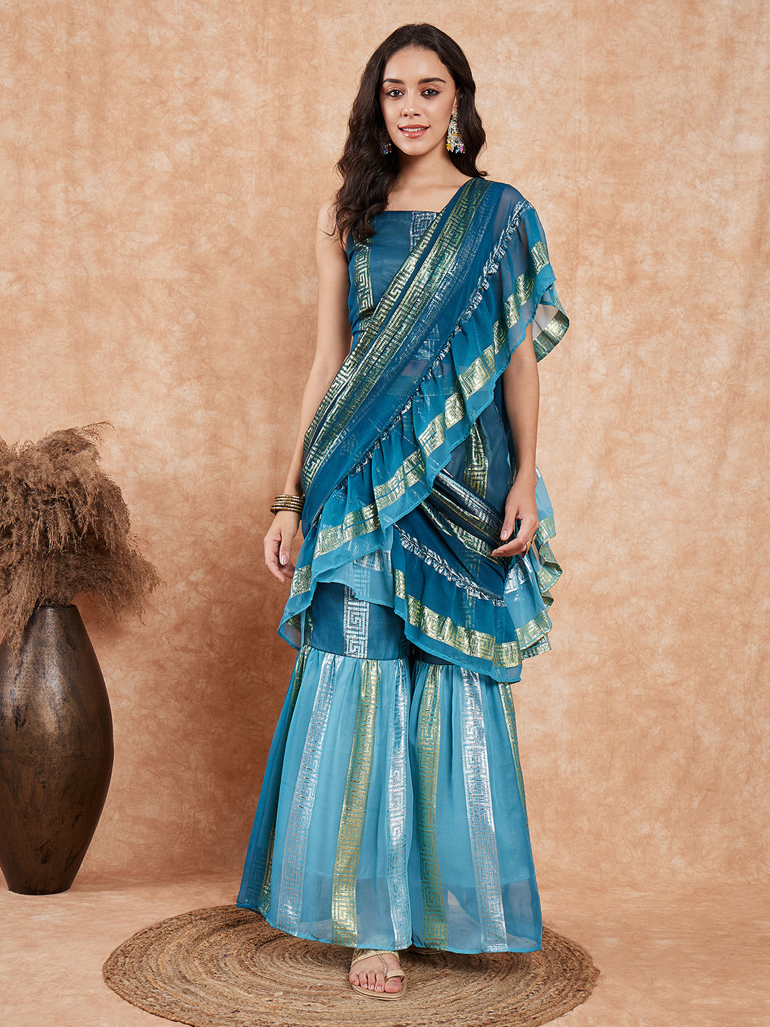 InWeave Women's Teal Shaded Lurex Frill Sharara Saree - Distacart