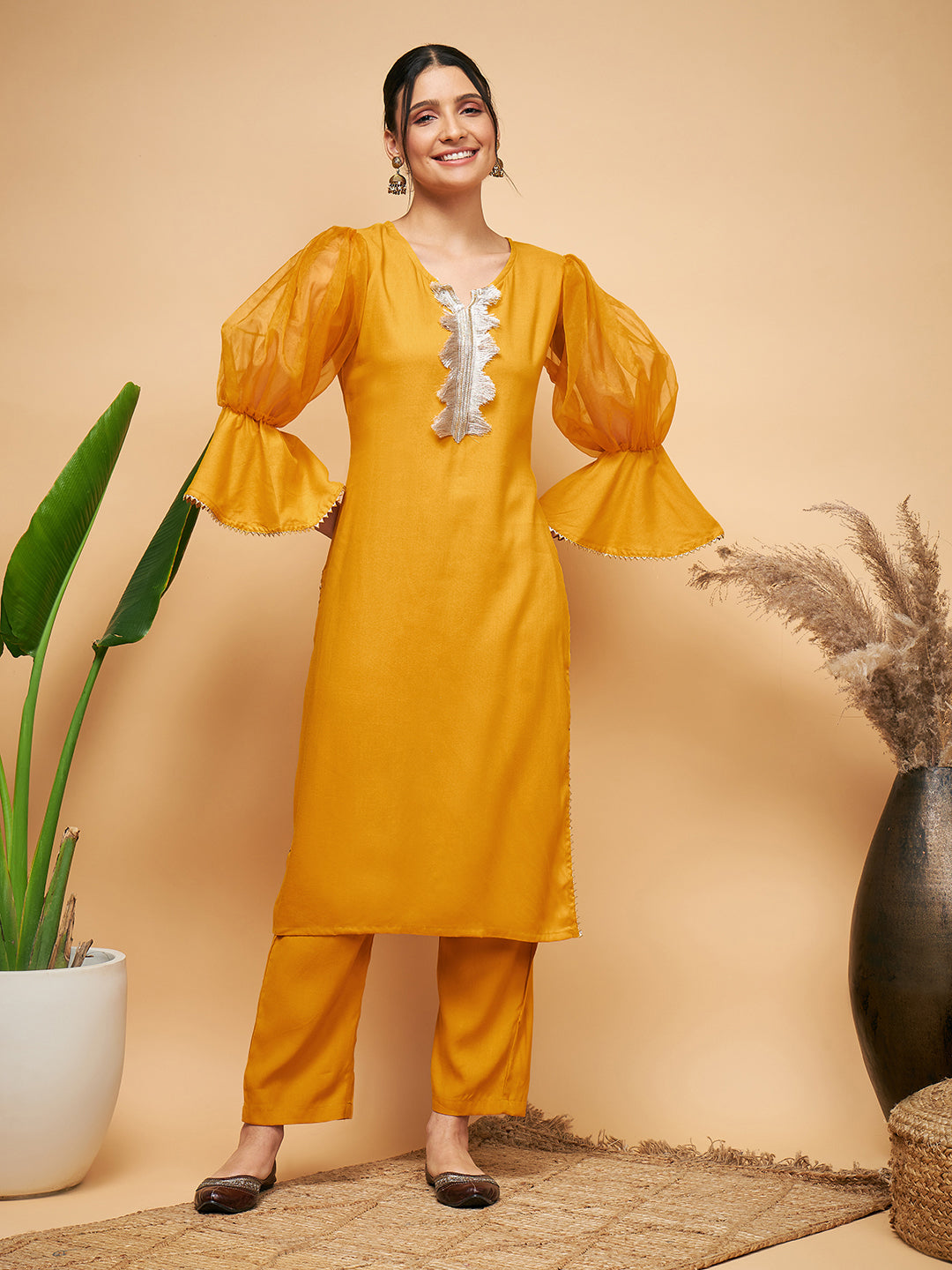 InWeave Women's Mustard Organza Sleeve Kurta Set - Distacart