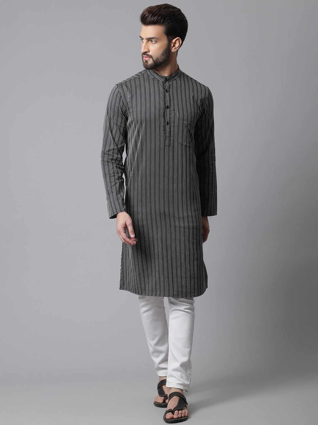 Even Apparels Black Pure Cotton Kurta With Band Collar - Distacart