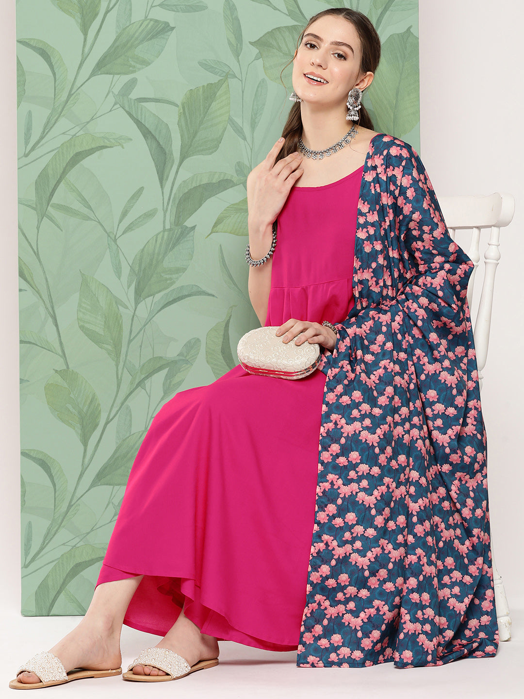 InWeave Women's Fuchsia Strappy Set W Navy Pink Lotus Cr Duptta - Distacart
