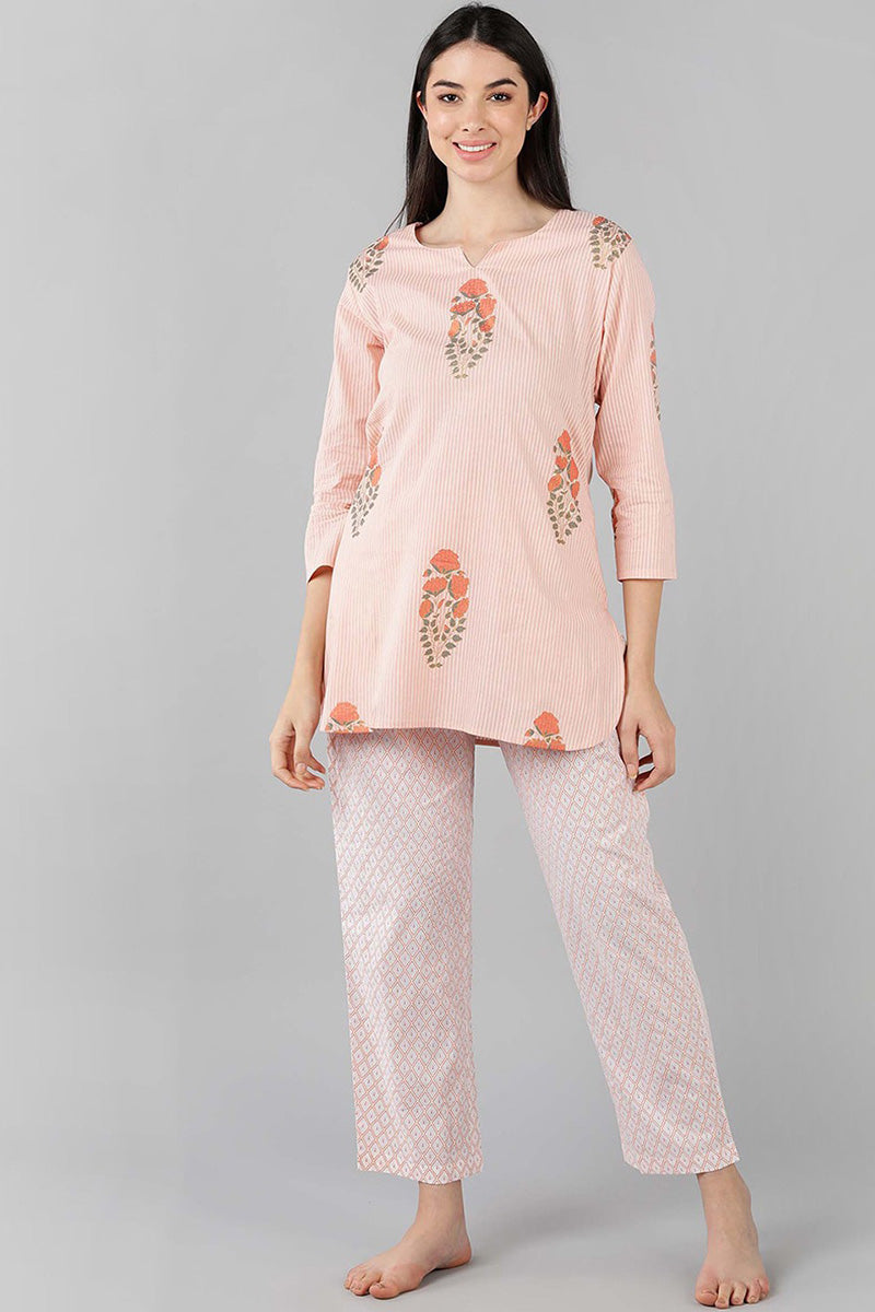 Women's Pink Cotton Striped Night Suit - Rasiya - Distacart