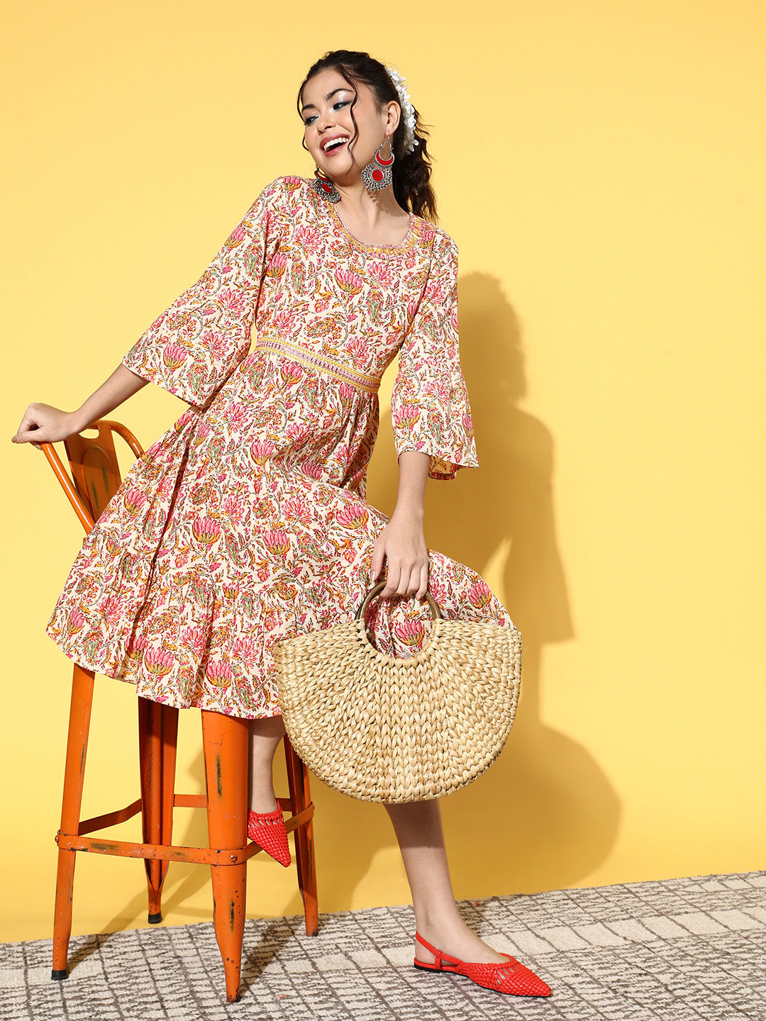 InWeave Women's Pink Boota Print Belted Dress - Distacart