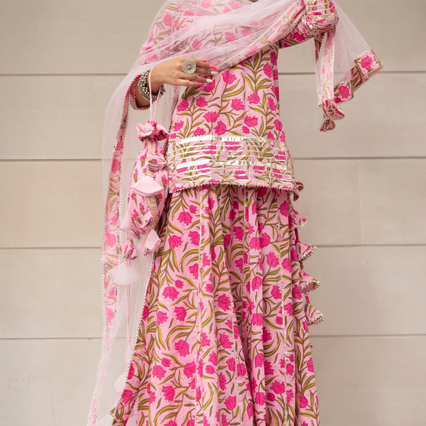 Pomcha Jaipur Tulsi Pink Cotton Hand Block Skirt Set - Distacart