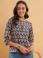 Thumbnail for InWeave Women's Ink Blue Small Paisley Kalamkari Top - Distacart