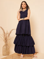 Thumbnail for InWeave Women's Navy Blue Lace Work Double Layer Sharara Set - Distacart