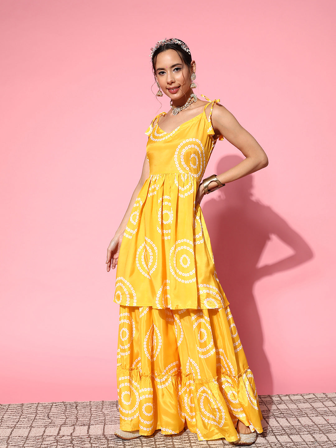 InWeave Women's Yellow Bandhani Motif Shoulder Tie Up Kurta Set - Distacart