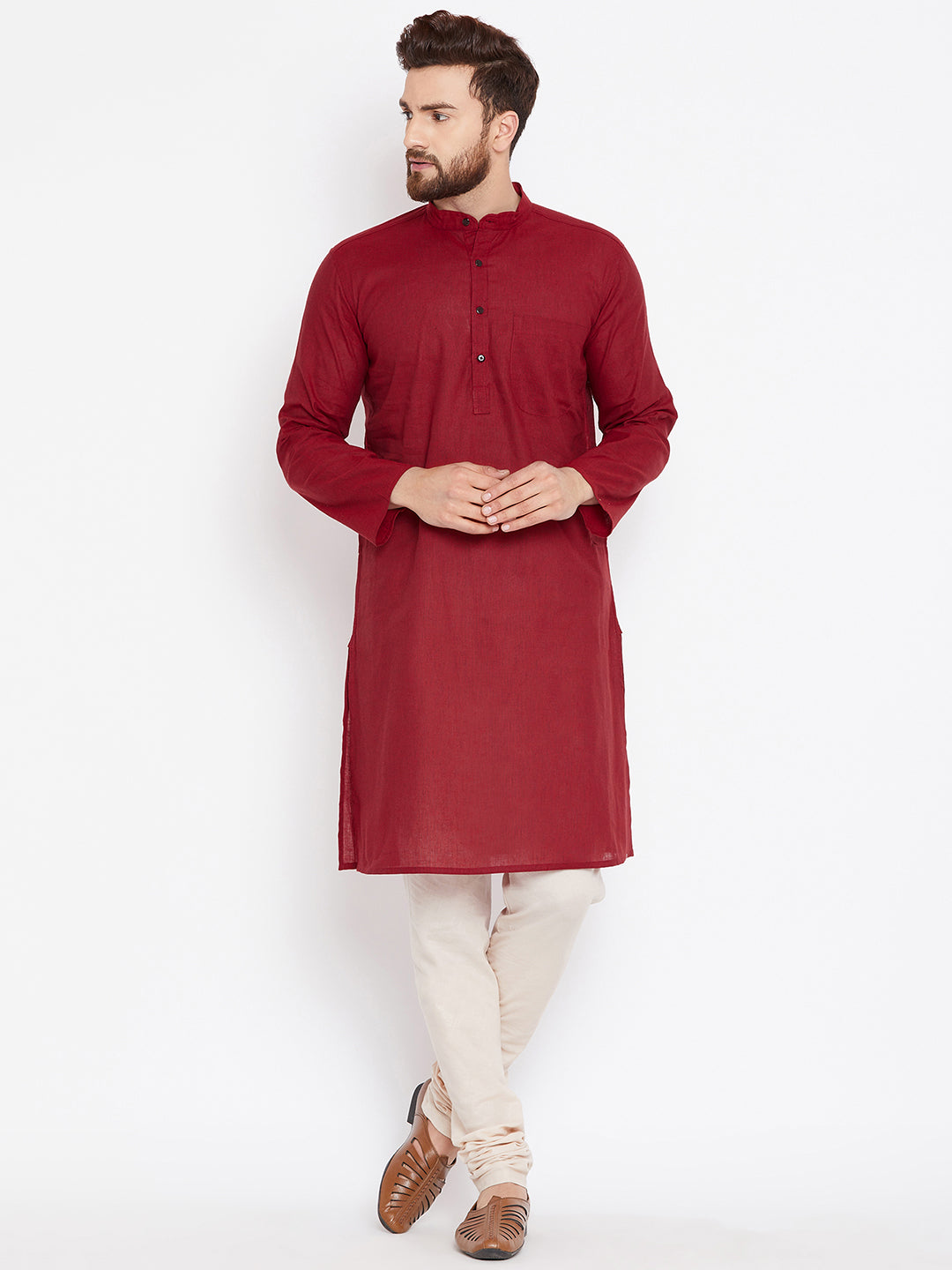 Even Apparels Maroon Pure Cotton Kurta With Band Collar - Distacart