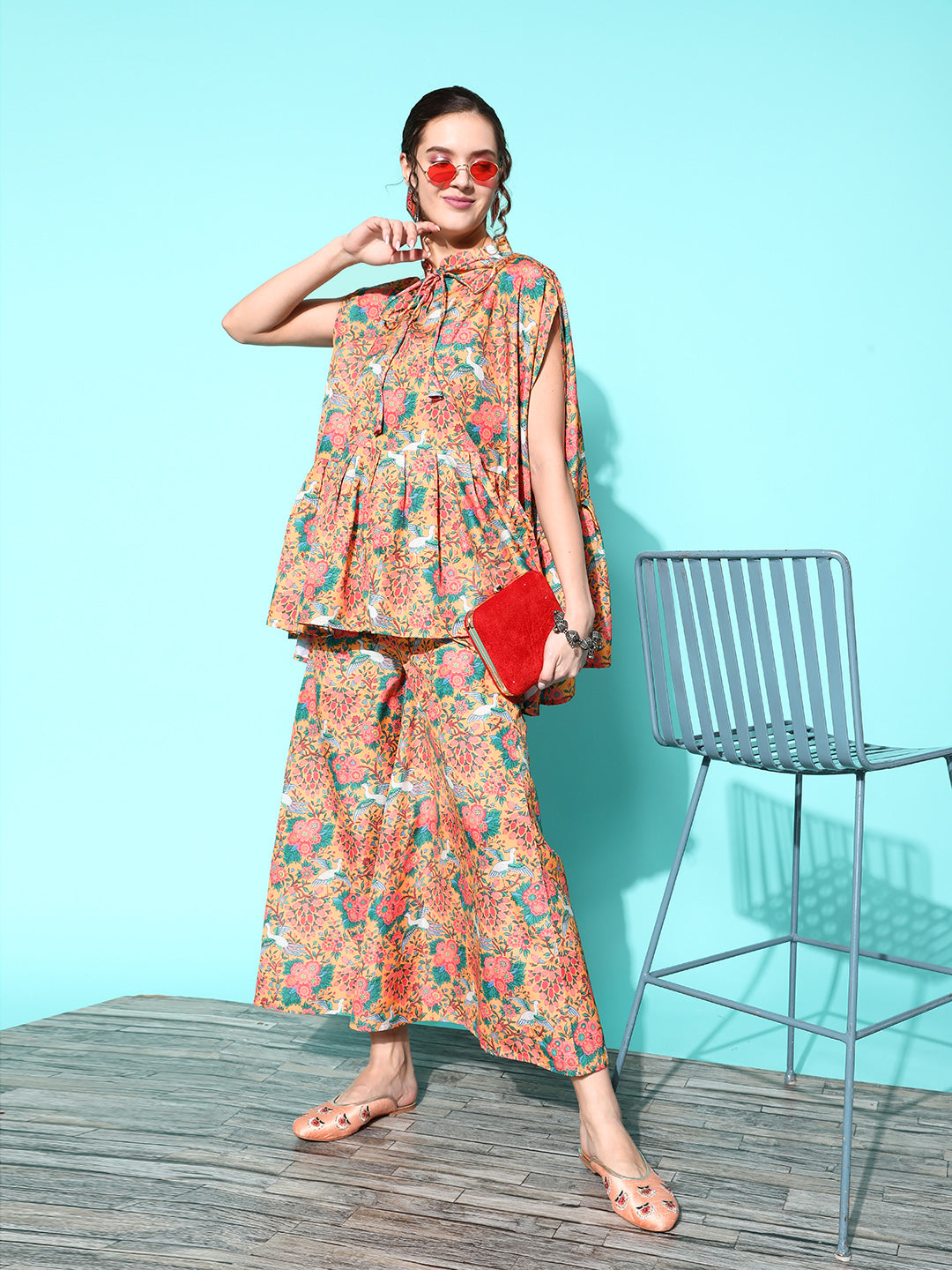 InWeave Women's Mustard Swan Motif Tiered Kaftan Kurta Set - Distacart