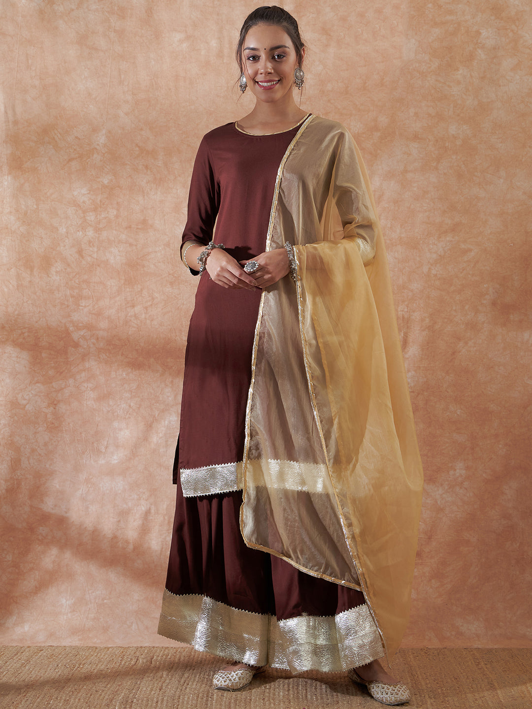 InWeave Women's Brown Gota Work Anarkali Kurta Set W Dupatta - Distacart