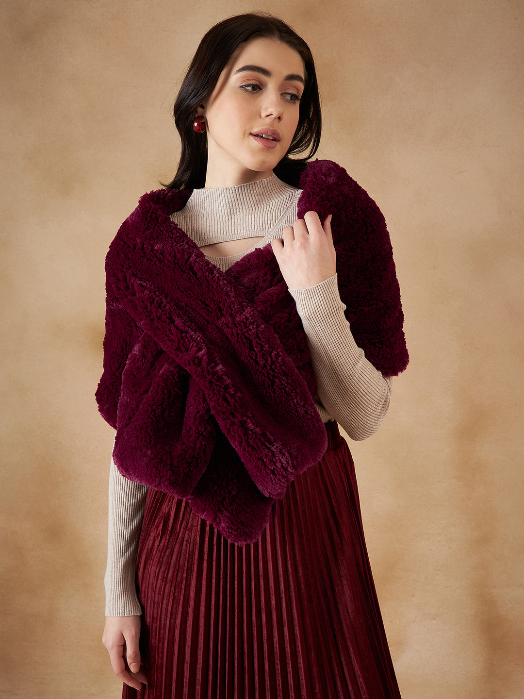 InWeave Women's Burgundy Long Faux Fur Cape - Distacart