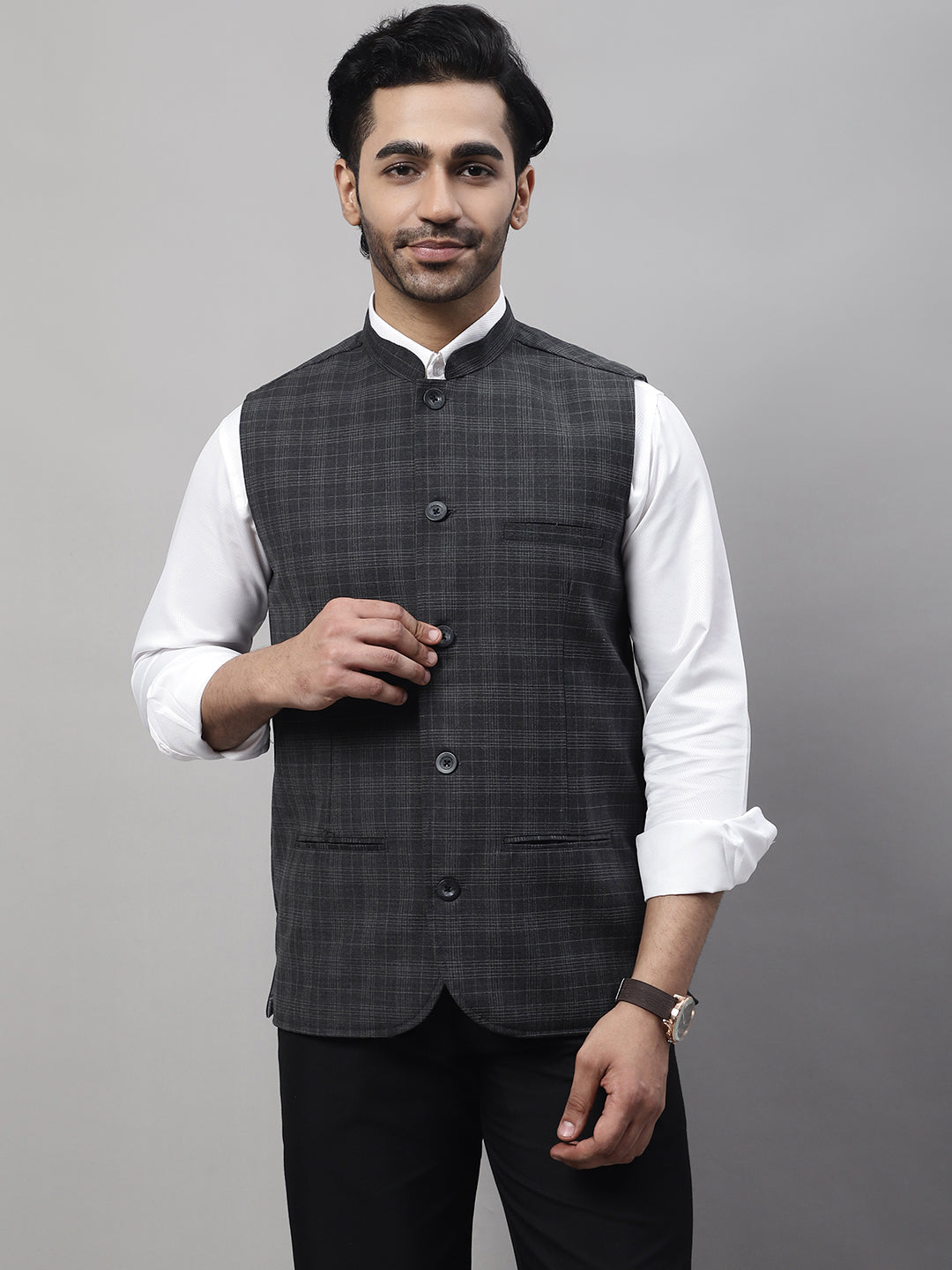 Even Apparels Men's Grey Nehru Jacket With Welt Pockets - Distacart