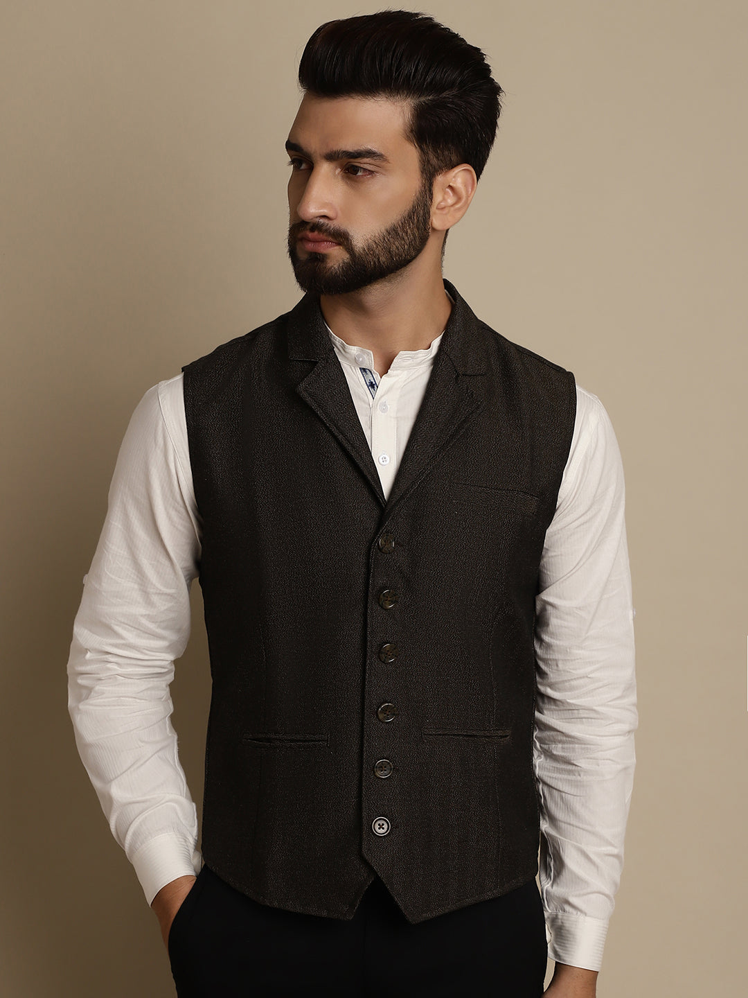 Even Apparels Men's Brown Wool Waistcoat with Notched Lapel - Distacart