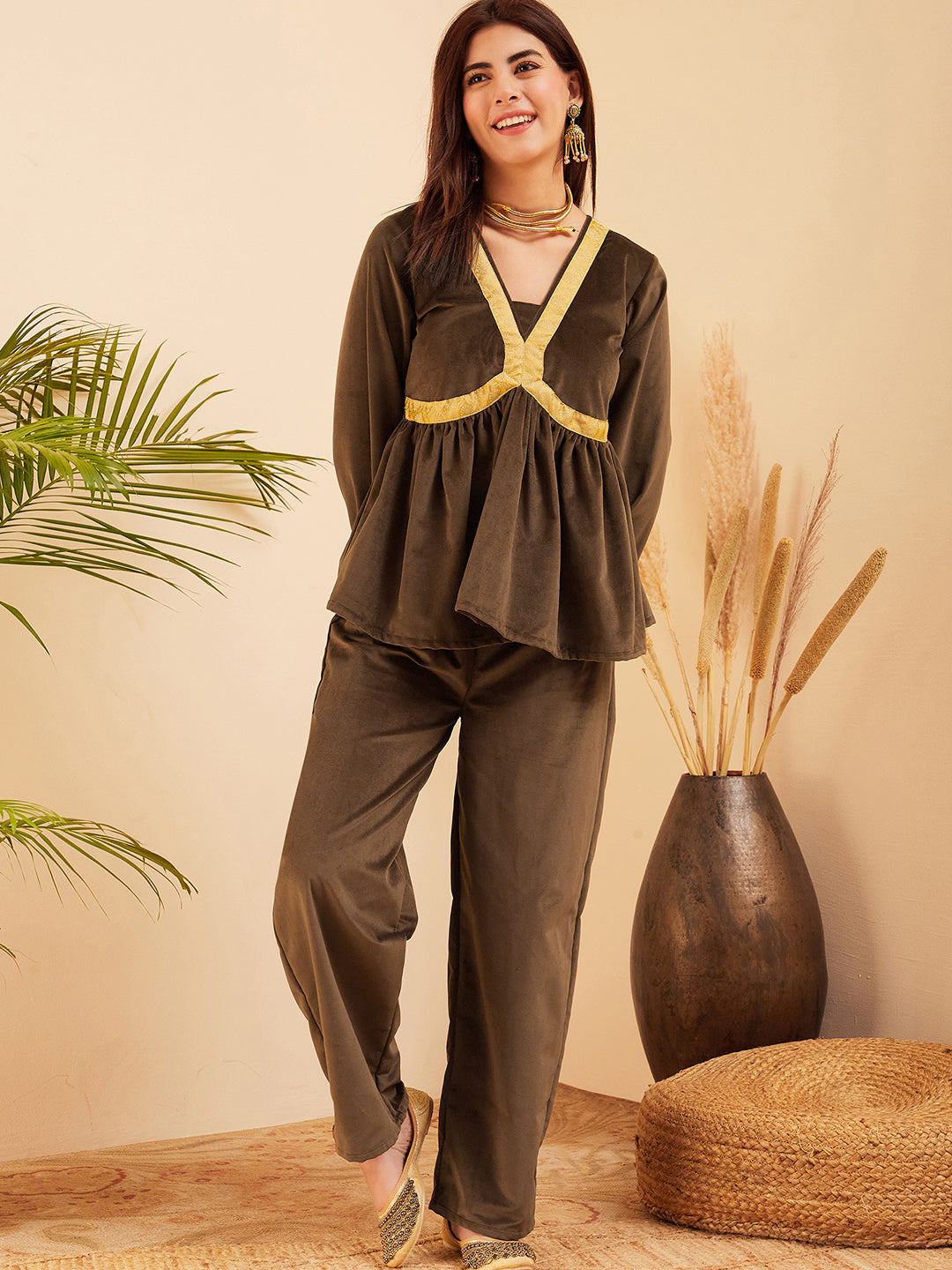 InWeave Women's Brown Mughal Shaan Style Velvet Short Kurta Set - Distacart