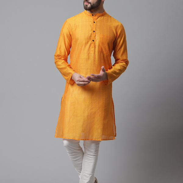 Even Apparels Yellow Check Kurta With Band Collar - Distacart