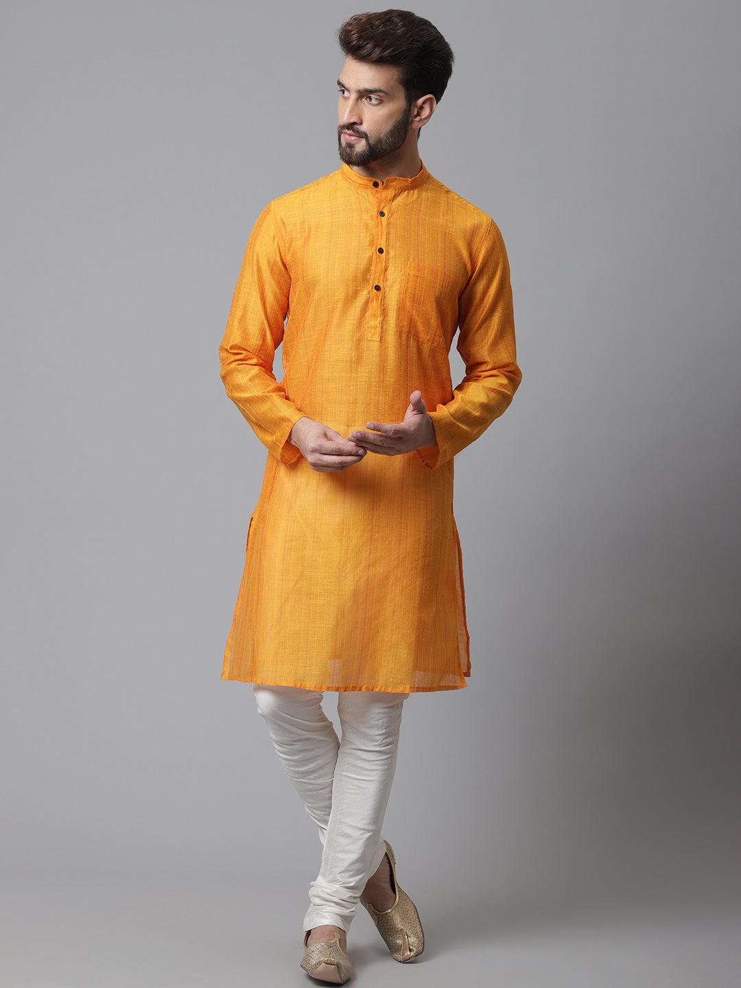 Even Apparels Yellow Check Kurta With Band Collar - Distacart