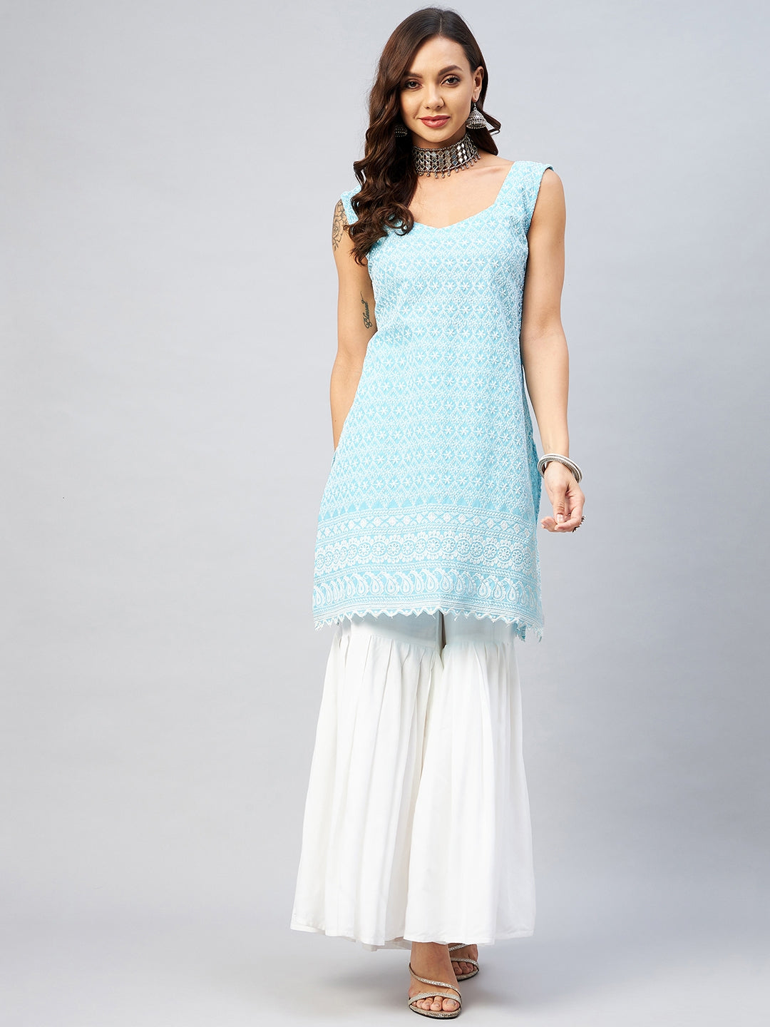 InWeave Women's Sky Blue Sweetheart Neckline Kurta - Distacart