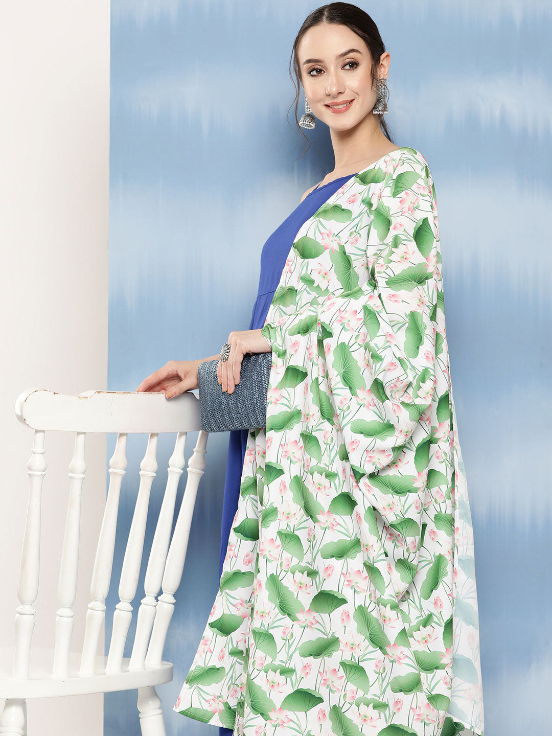 InWeave Women's Ink Blue Strappy Set W White Pink Lotus Cr Duptta - Distacart
