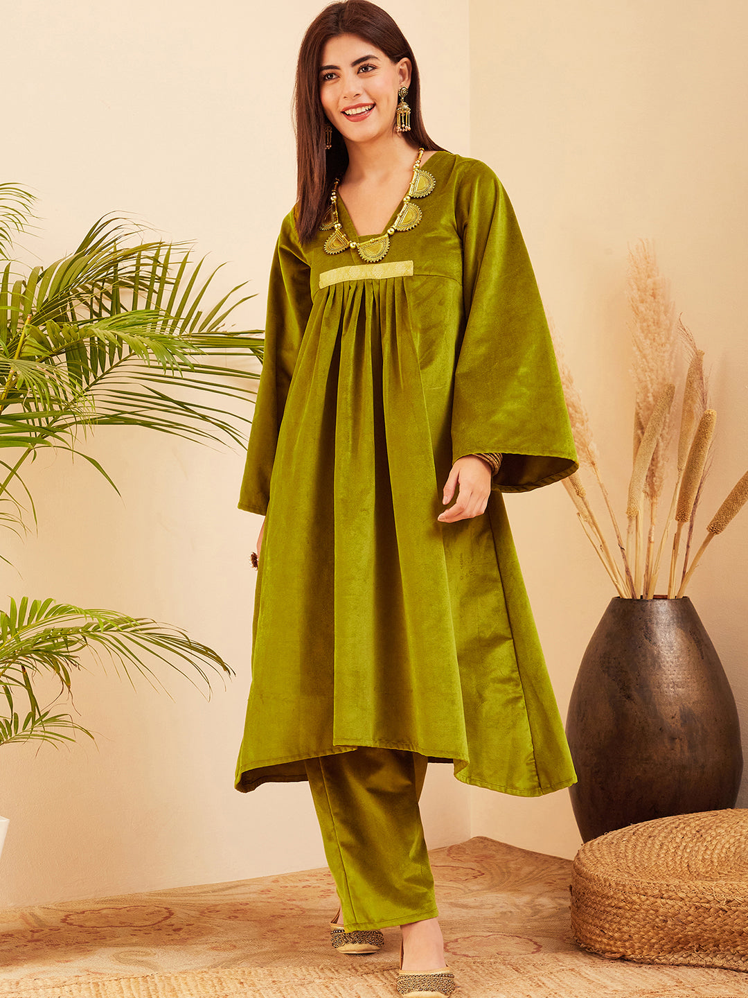InWeave Women's Olive V Neck Asymmetrical Pleated Velvet Kurta Set - Distacart