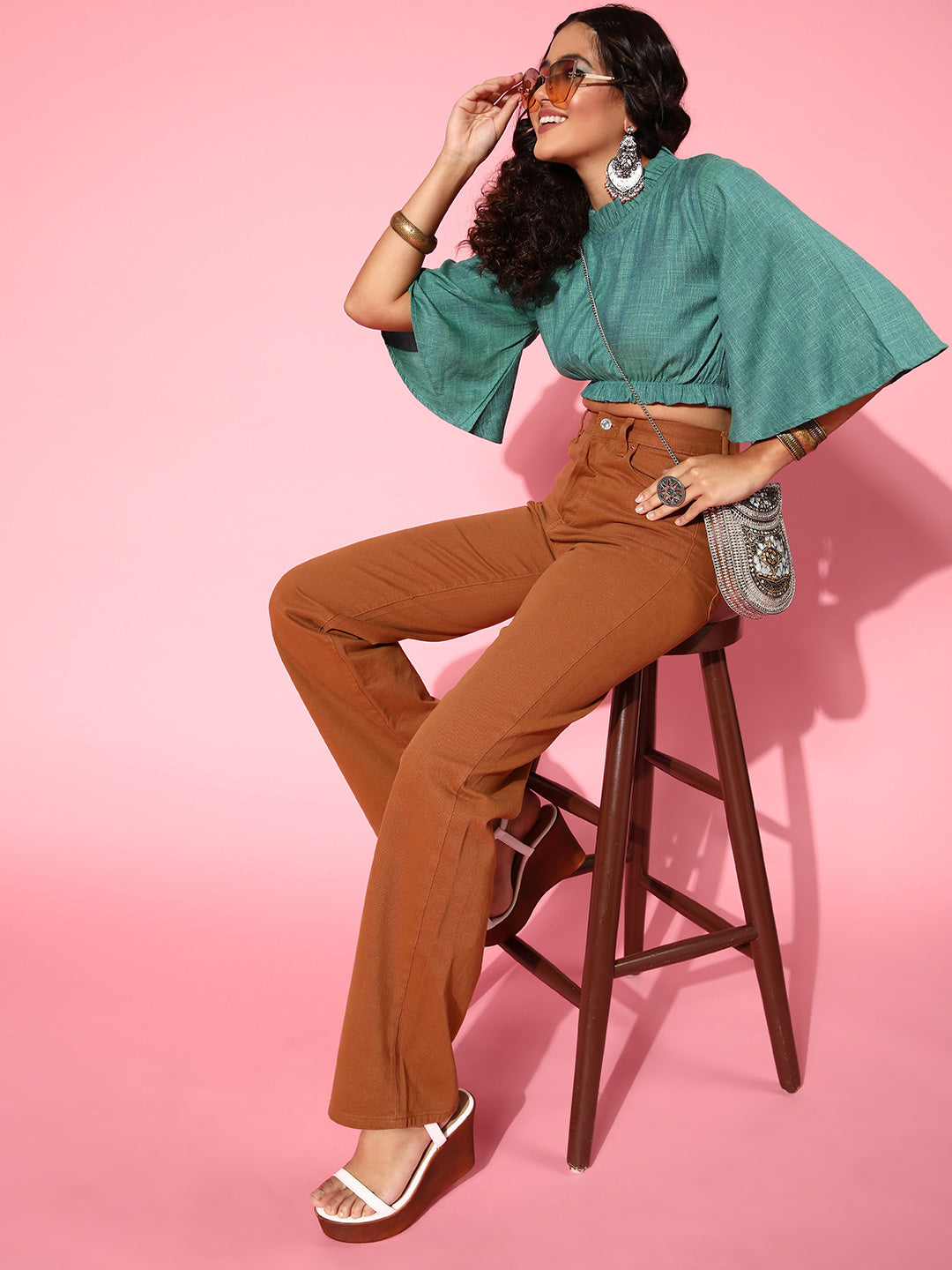 InWeave Women's Teal Blue High Neck Crop Top - Distacart