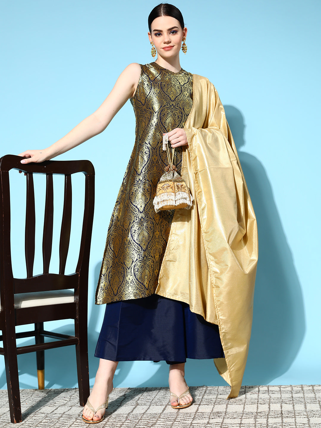 InWeave Women's Blue Banarasi Halter Kurta Set With Golden Dupatta - Distacart