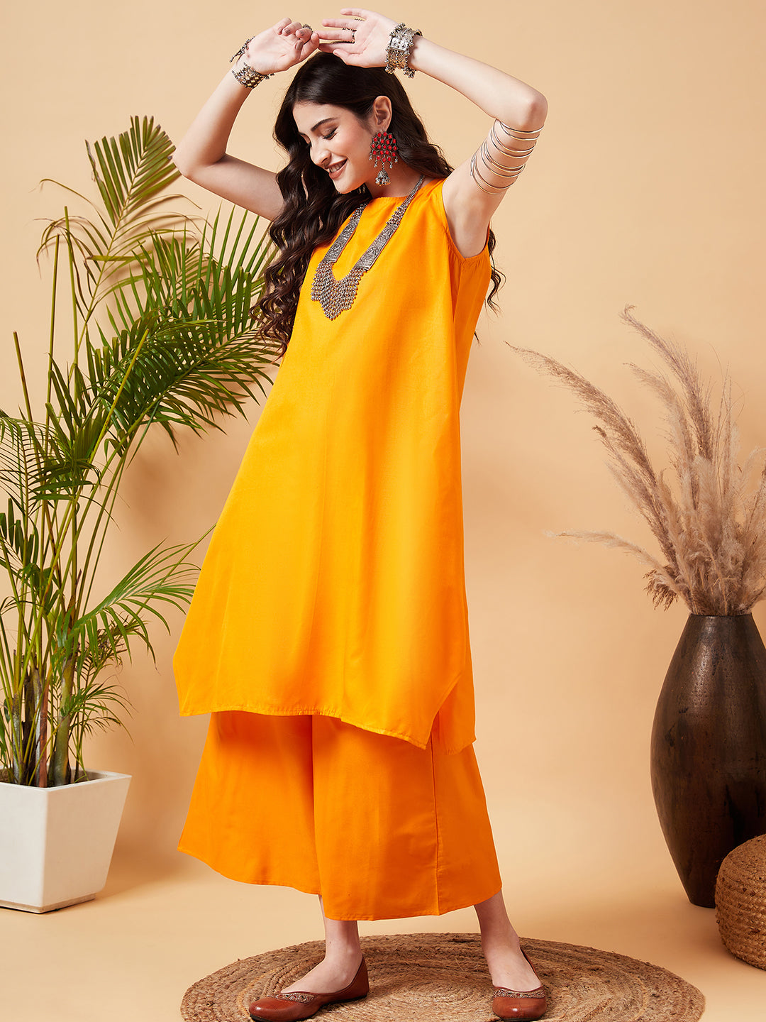 InWeave Women's Tangy Orange Short Kurta Palazzo Set - Distacart