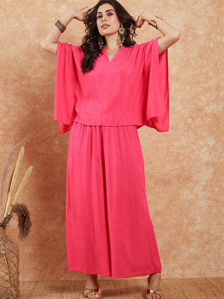 InWeave Women's Fuchsia Solid Collar Neck Boho Top Bottom Set - Distacart