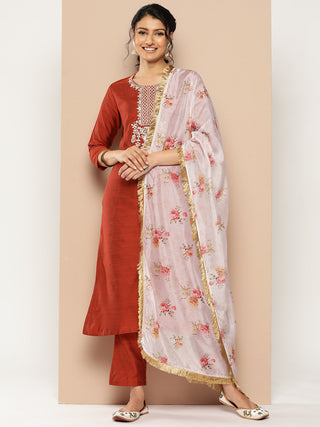 KSUT (House of Varanga) Embroidered Kurta Paired With Pant And Printed Dupatta With Zari Fringes - Distacart