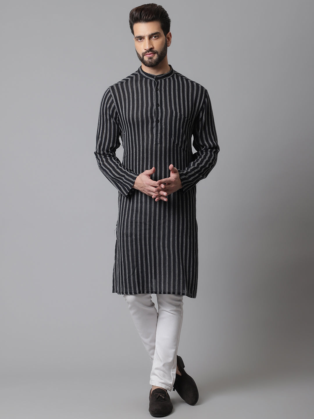 Even Apparels Black Pure Cotton Kurta With Band Collar - Distacart