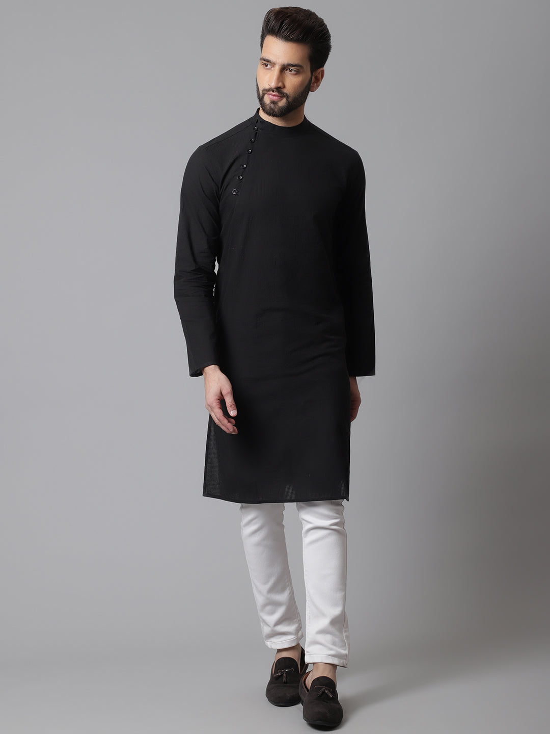 Even Apparels Black Pure Cotton Kurta With Band Collar - Distacart