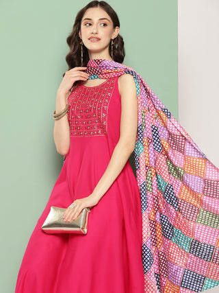 InWeave Women's Fuchsia Mirror Work Strappy Set W Square Bandhani Print Silk Dup - Distacart