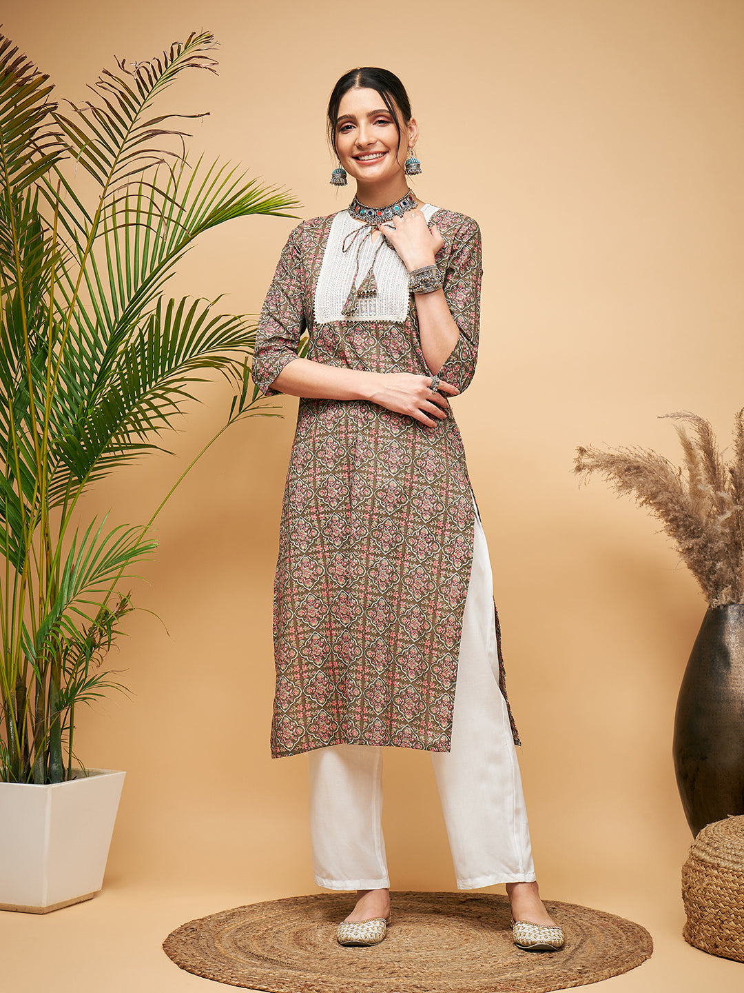 InWeave Women's Green Red Ajrakh Print Cotton Patch Work Straight Kurta Pant Set - Distacart