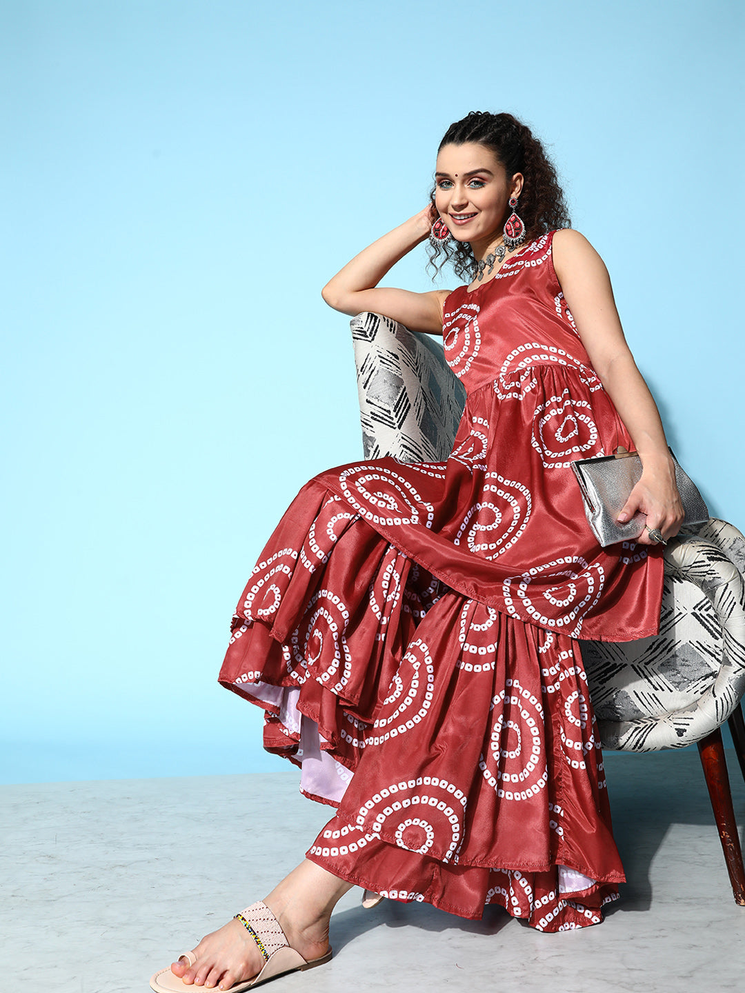 InWeave Women's Maroon Bandhani Motif Tiered Sharara Set - Distacart