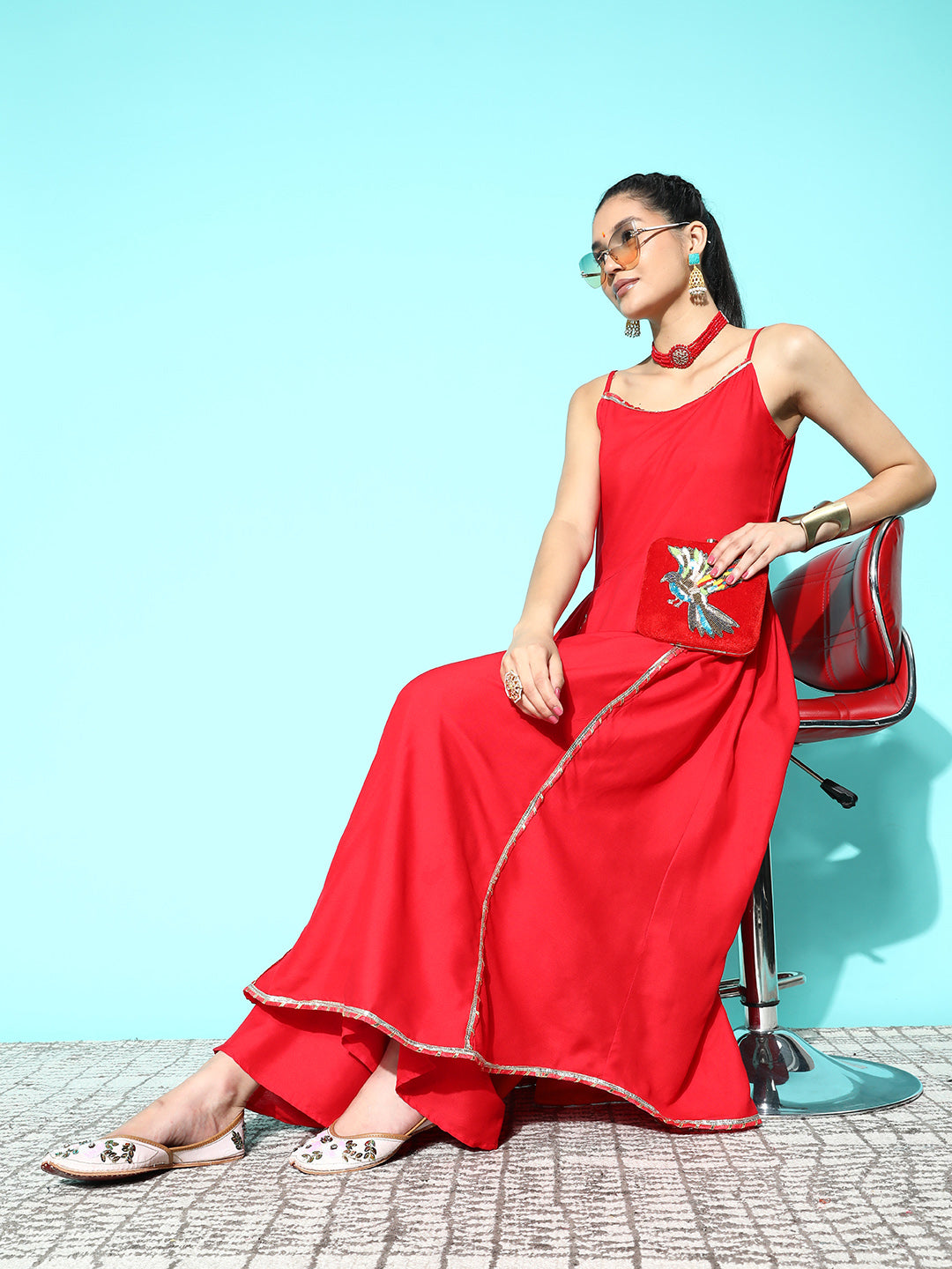 InWeave Women's Red Gota Strappy Kurta Set - Distacart