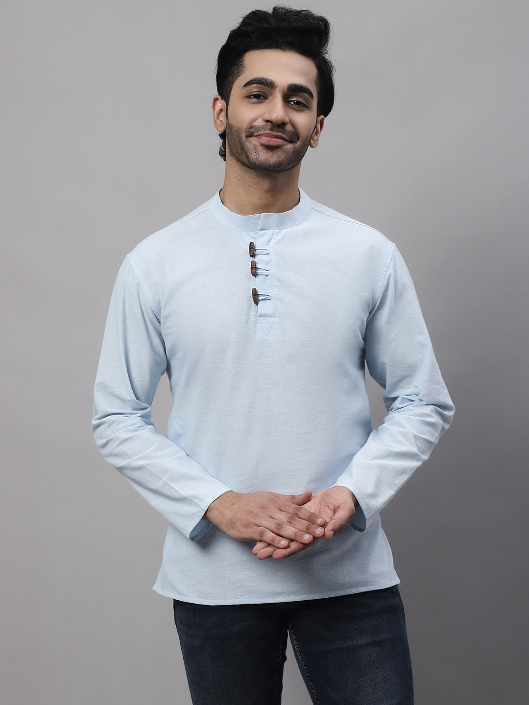 Even Apparels Blue Pure Cotton Kurta With Band Collar - Distacart