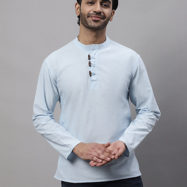 Even Apparels Blue Pure Cotton Kurta With Band Collar - Distacart