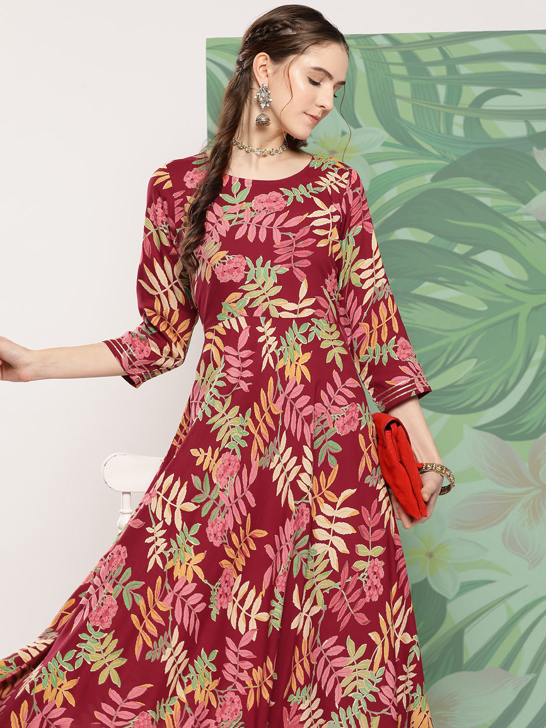 InWeave Women's Red Tropical Print Gota Long Dress - Distacart