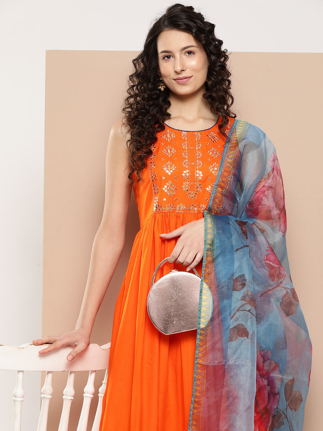 InWeave Women's Orange Mirror Work Aline Strappy Kurta Set Blue Fuchsia Or Dupatta - Distacart