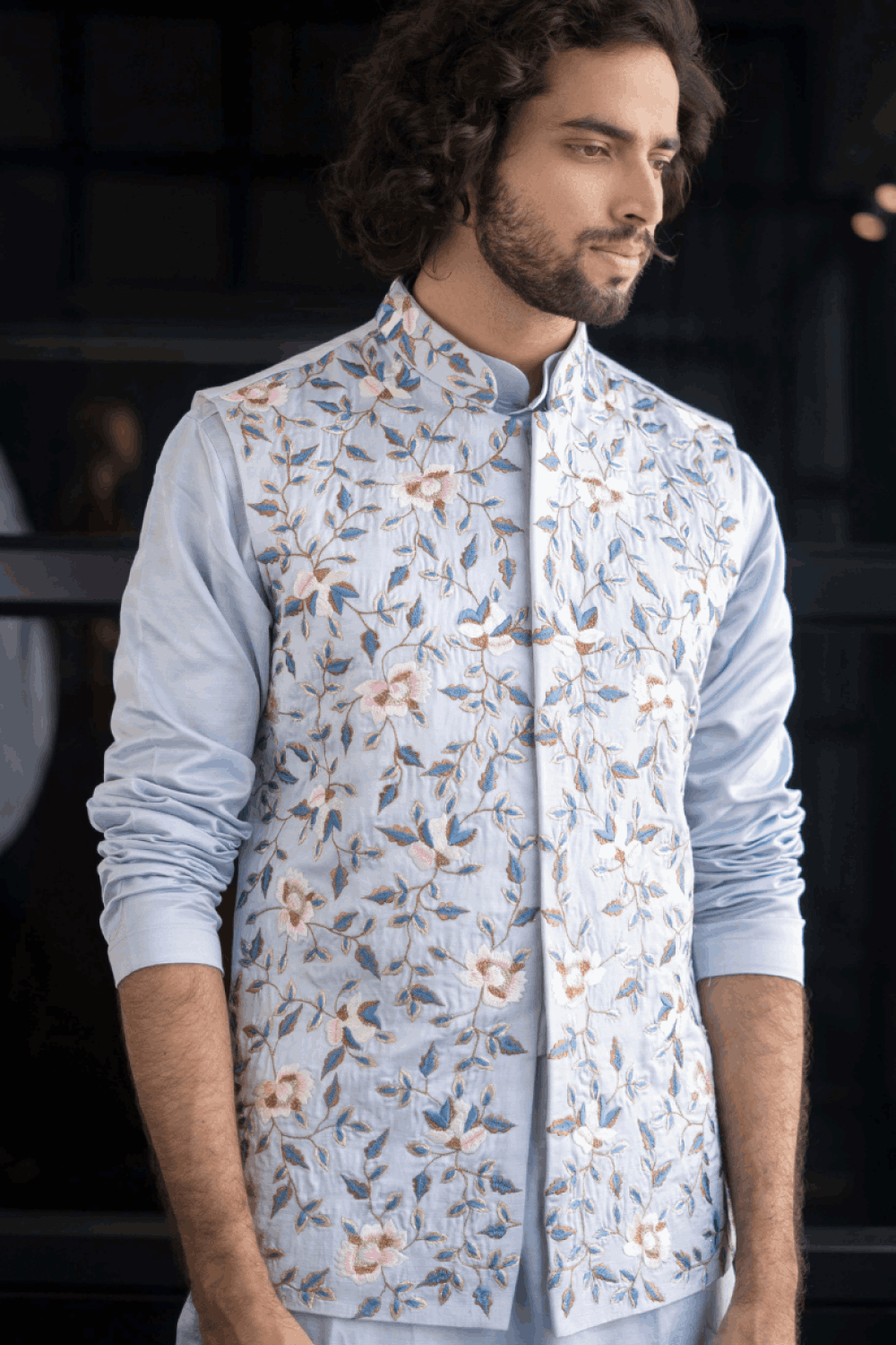 Powder Blue Designer Men's Nehru Jacket by Hilo Designs - Distacart