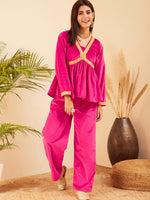 Thumbnail for InWeave Women's Magenta Mughal Shaan Style Velvet Short Kurta Set - Distacart