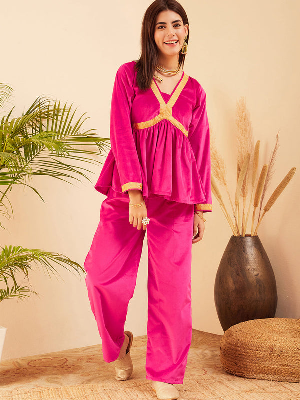 InWeave Women's Magenta Mughal Shaan Style Velvet Short Kurta Set - Distacart