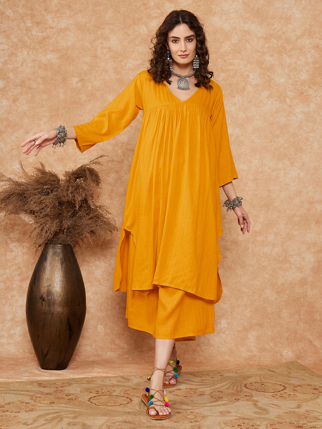 InWeave Women's Mustard Lurex Flared V Neck Kurta Palazzo Set - Distacart