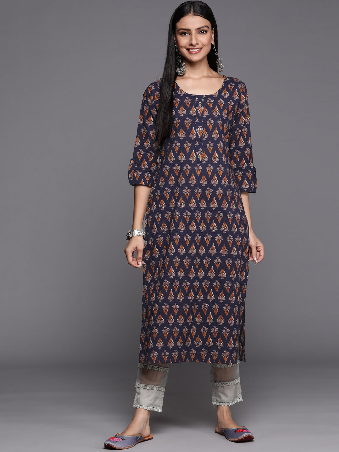 Varanga Navy Blue Floral Printed Straight Kurta With Three Quarter Sleeves - Distacart